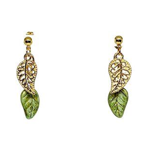 Handmade Gold & Green Elm Leaf Charm Post Stud Boho Dangle Nature Earrings